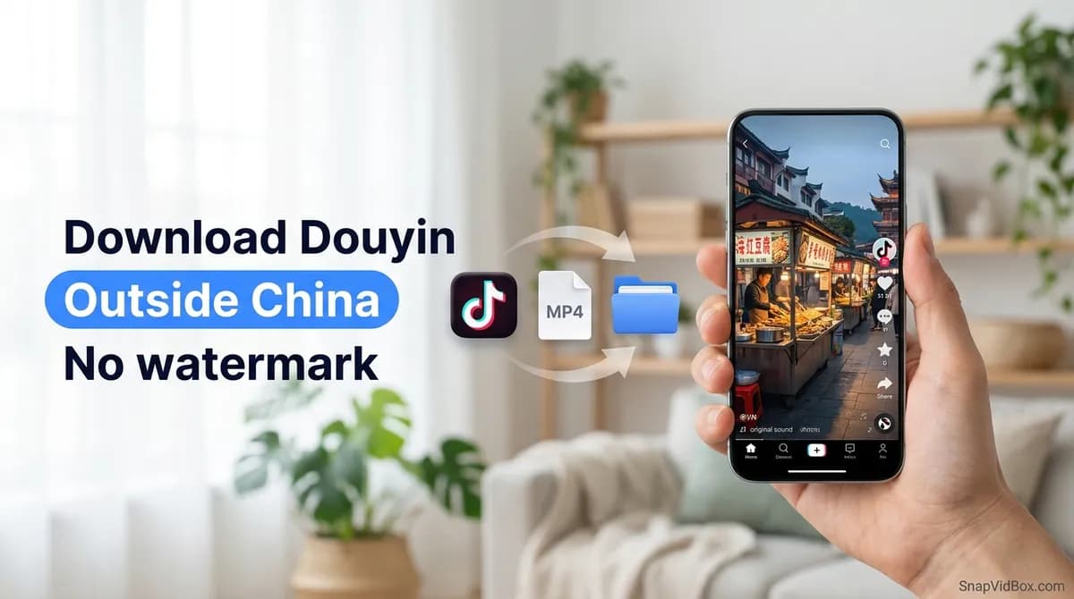 A hand holding a phone playing a Douyin video, with the clean MP4 file being saved outside China