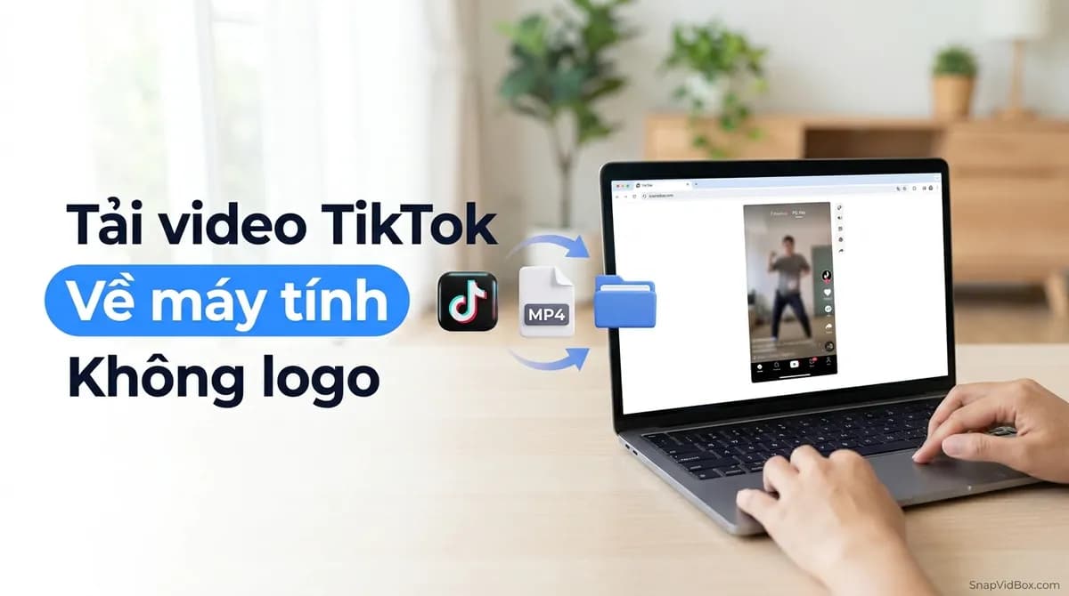Laptop trên bàn làm việc đang lưu video TikTok thành file MP4 vào thư mục Tải xuống