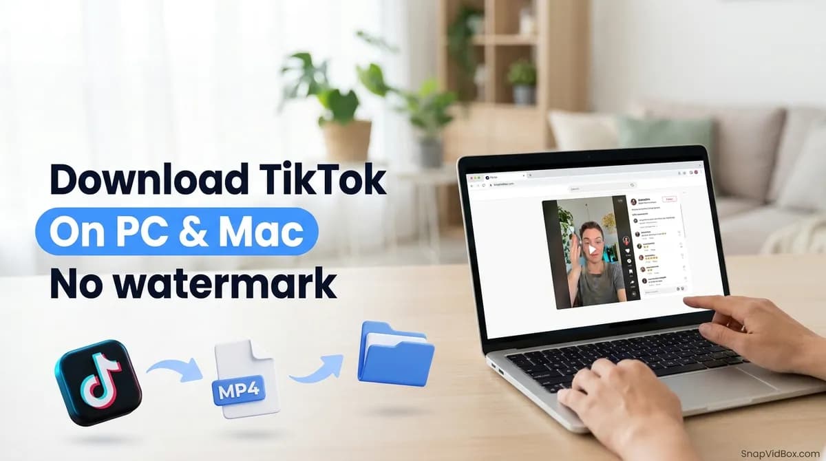 A laptop on a desk saving a TikTok video as an MP4 file into the Downloads folder
