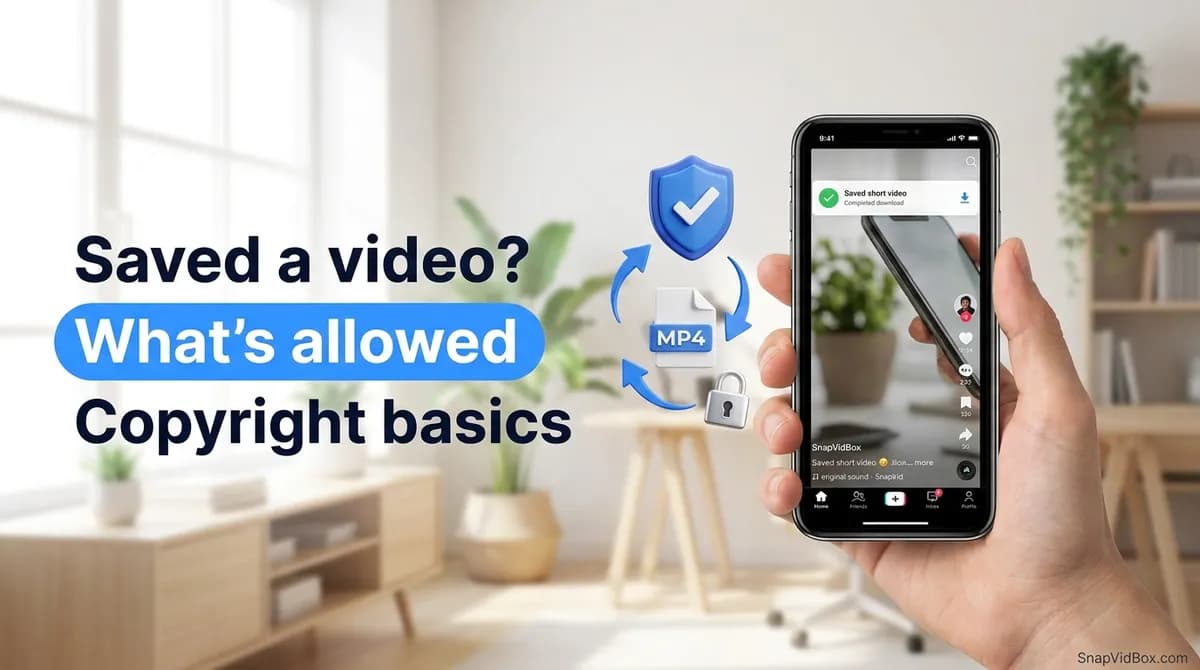 A hand holding a phone with a saved video, next to a shield with a check mark representing copyright and personal use