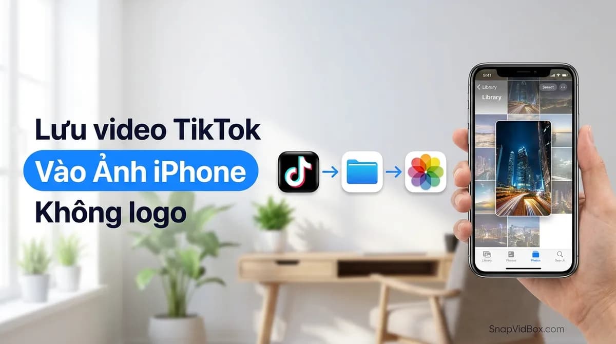 Bàn tay cầm iPhone, video TikTok không logo được chuyển từ ứng dụng Tệp sang thư viện Ảnh
