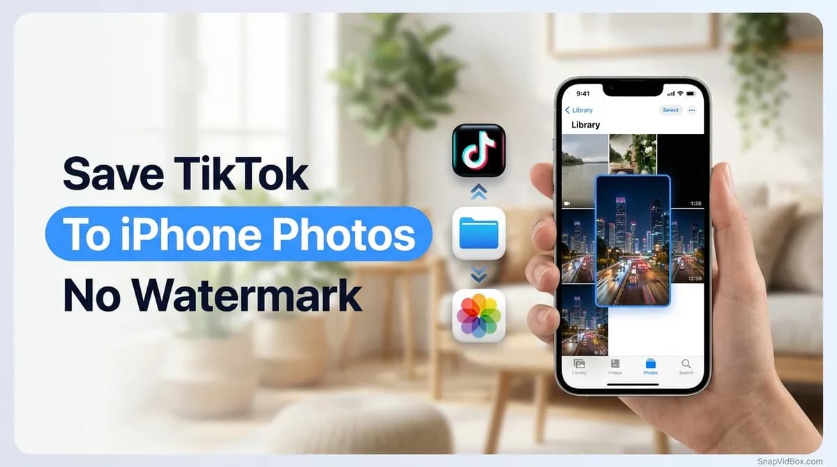 A hand holding an iPhone as a TikTok video moves from the Files app into the Photos library without the watermark