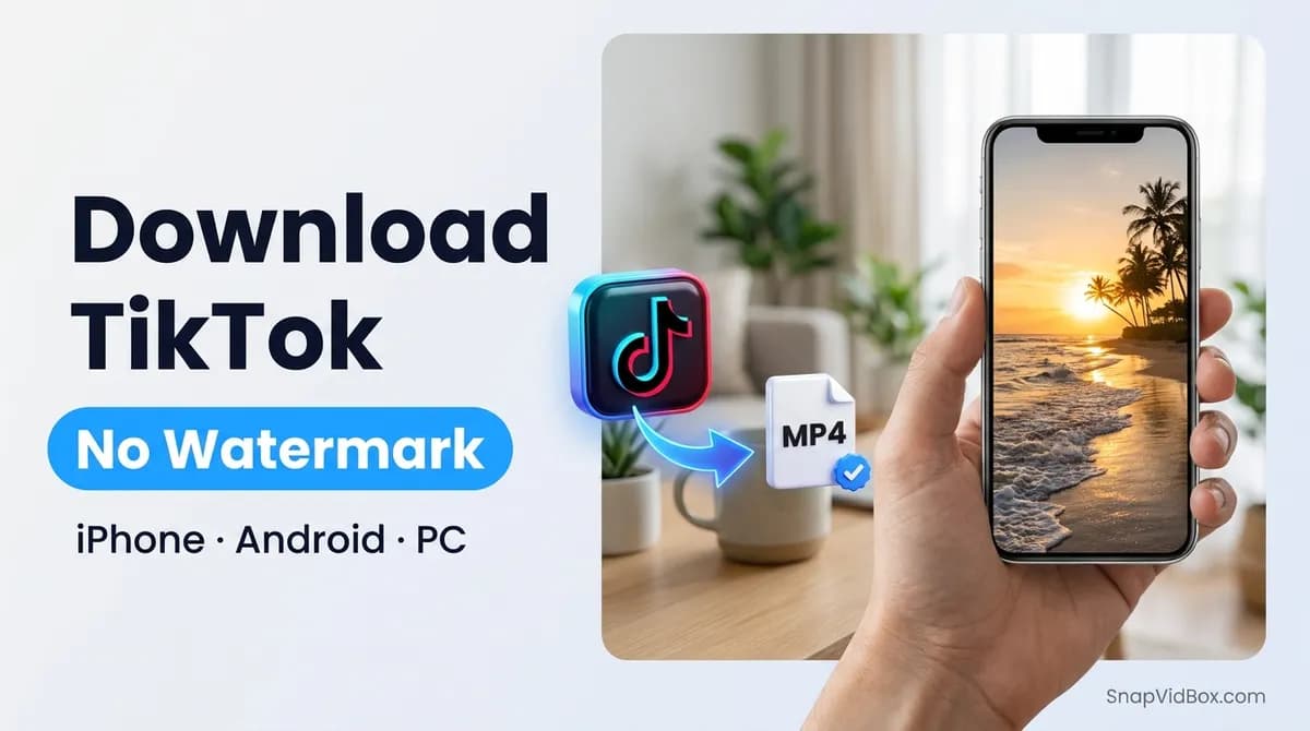 A hand holding an iPhone with a TikTok video, next to an MP4 file icon, illustrating how to download TikTok without the watermark