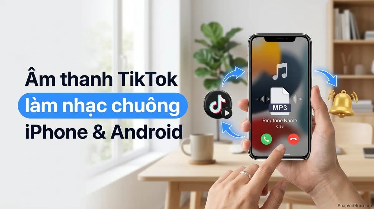 Bàn tay cầm điện thoại đang dùng âm thanh TikTok làm nhạc chuông, bên cạnh biểu tượng file MP3 và chiếc chuông