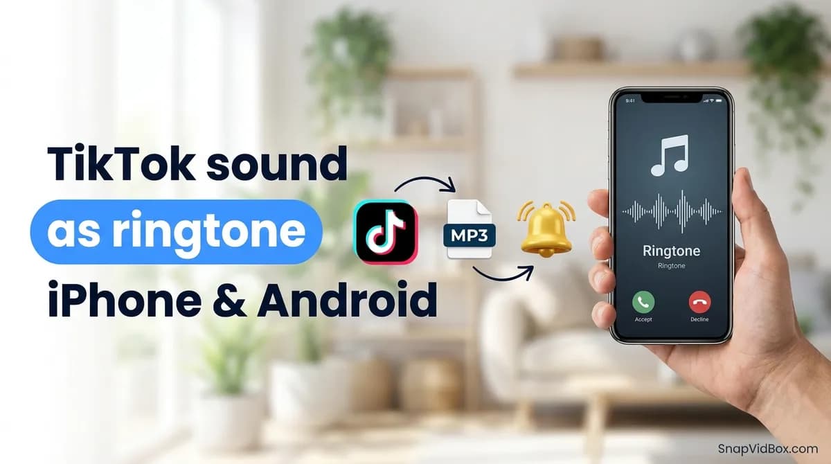 A hand holding a phone with a TikTok sound set as the ringtone, next to an MP3 file icon and a bell