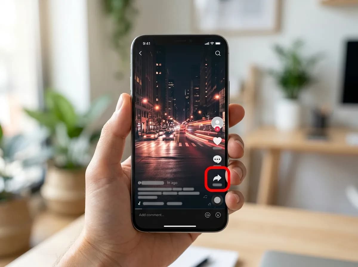 A phone playing a Douyin video, with a finger tapping the arrow-shaped share button labelled 分享