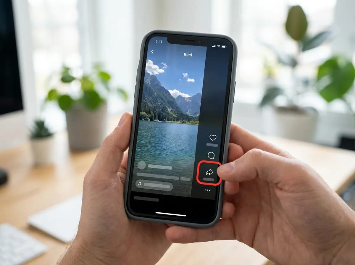 A phone playing a Facebook Reel, with a finger tapping the Share arrow