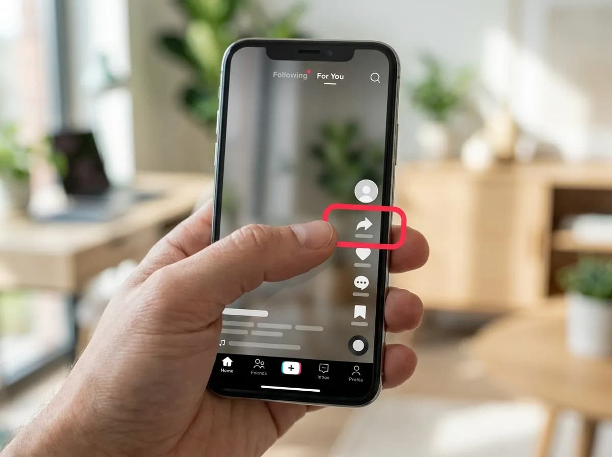 A phone playing a TikTok video, with a finger tapping the arrow-shaped Share button on the right
