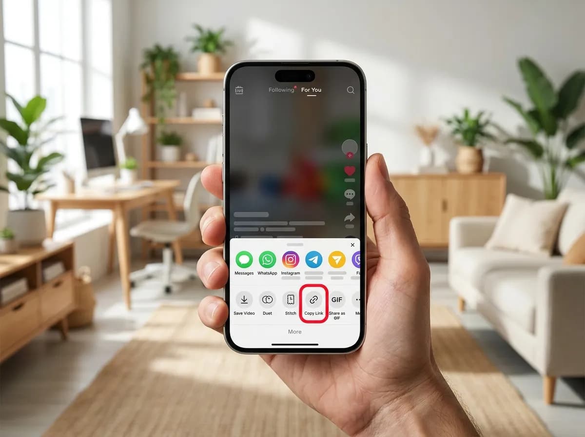 TikTok's share sheet open, with the Copy link button highlighted