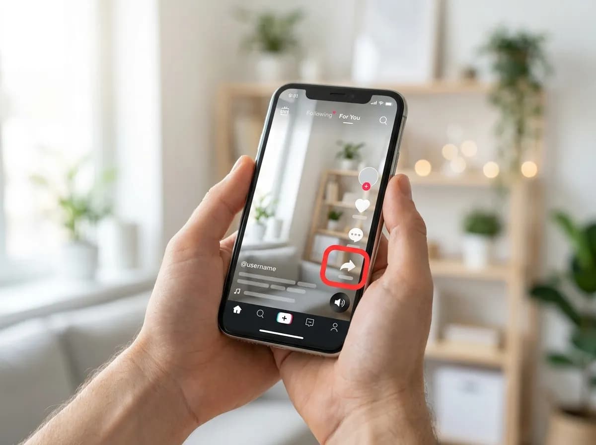 A phone playing a TikTok video with its spinning sound disc in the corner and the Share button highlighted