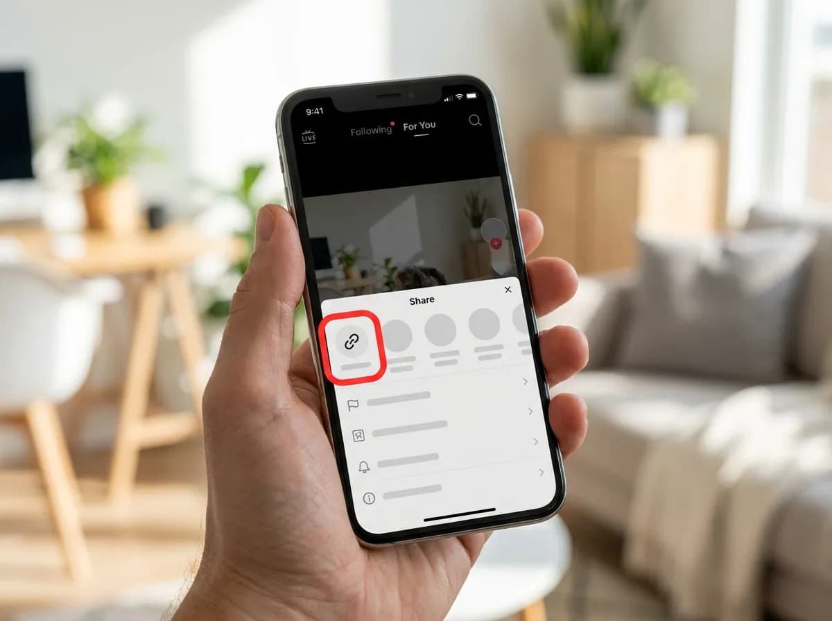 TikTok's share sheet open, with the Copy link button highlighted