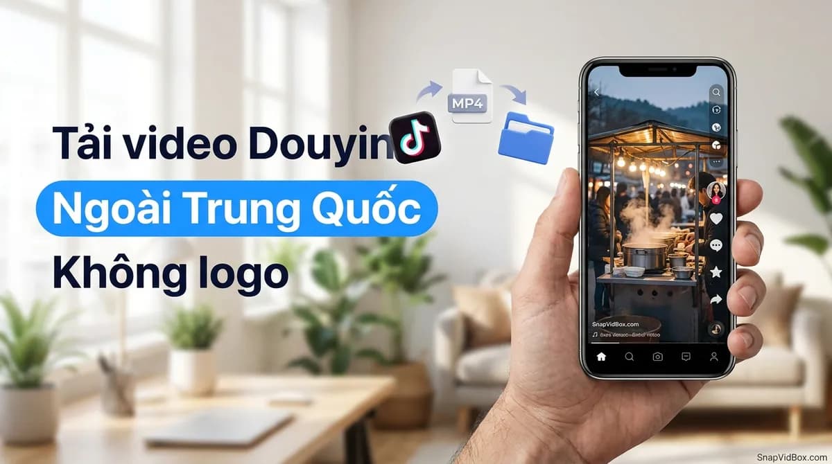 Tay cầm điện thoại đang phát video Douyin, file MP4 không logo được lưu về máy ở ngoài Trung Quốc