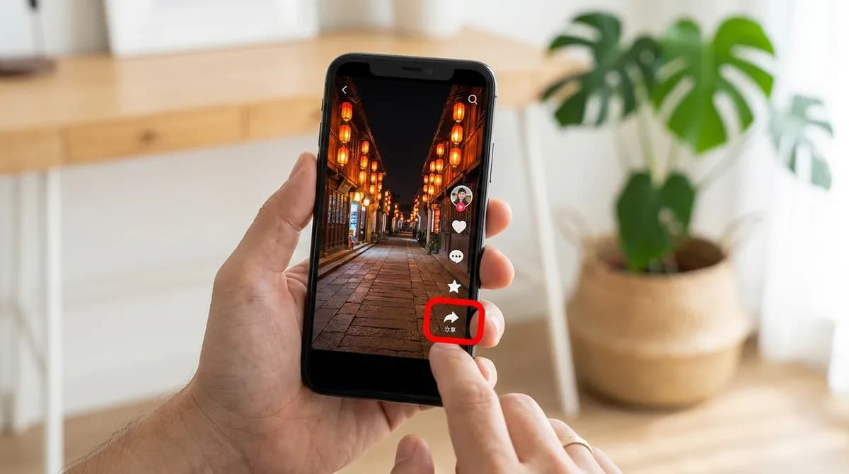 Tay cầm điện thoại đang phát video Douyin, nút chia sẻ hình mũi tên ở cột bên phải được làm nổi bật