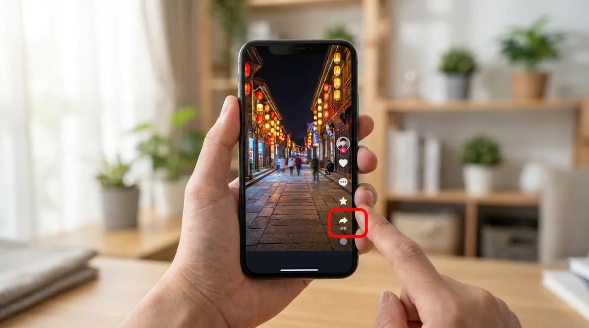 A hand holding a phone playing a Douyin video, with the share arrow on the right-hand side highlighted