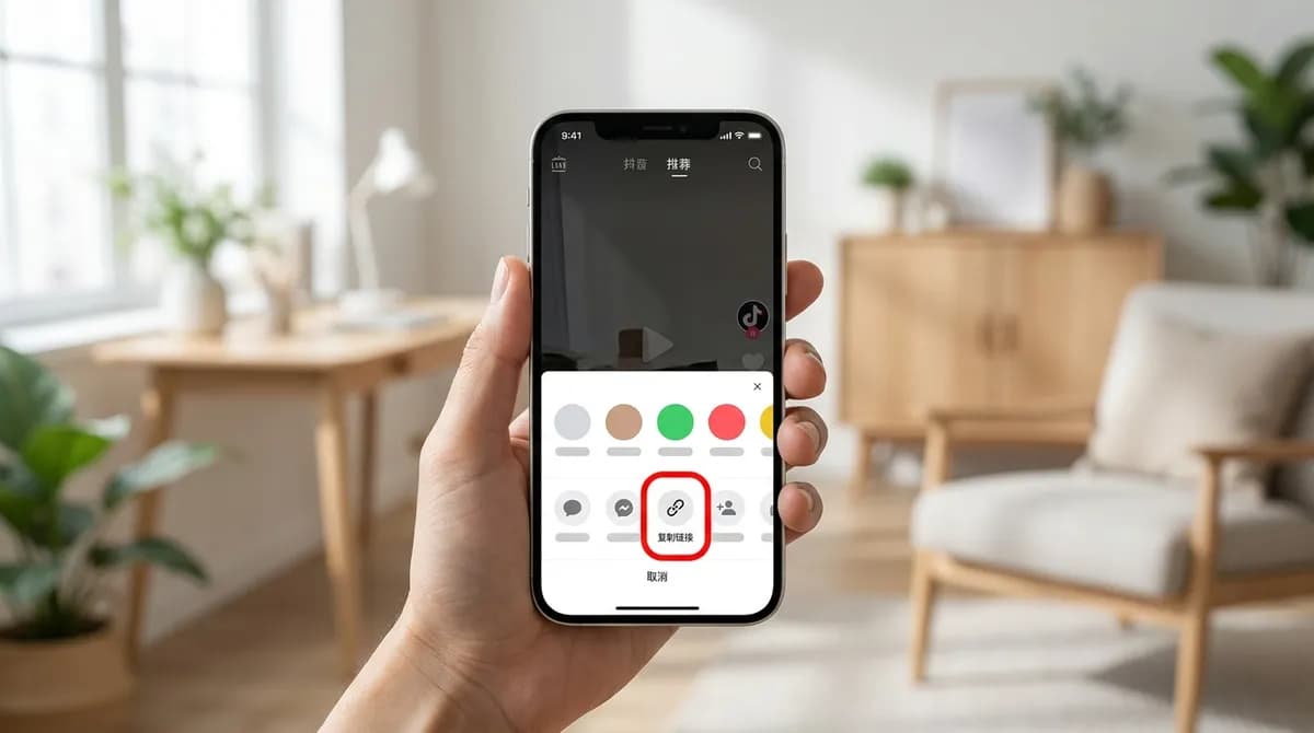 The Douyin share panel on a phone, with the 复制链接 (Copy link) button highlighted