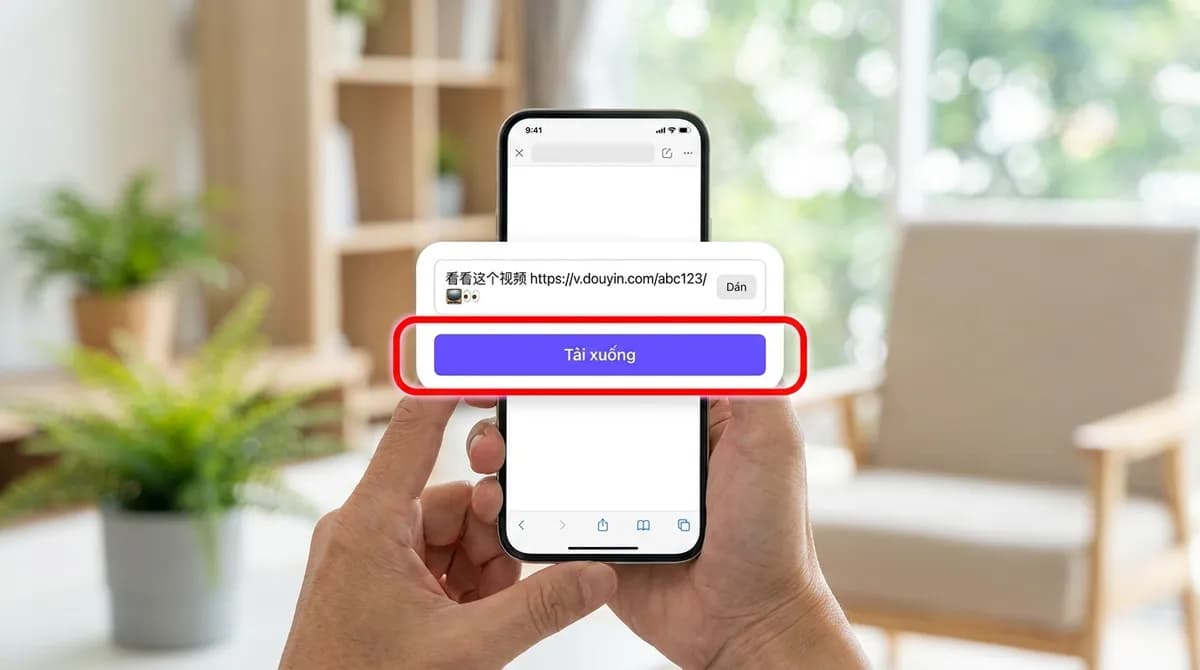 Đoạn chia sẻ Douyin có chữ Trung và link v.douyin.com đã dán vào ô của SnapVidBox, nút Tải xuống được làm nổi bật