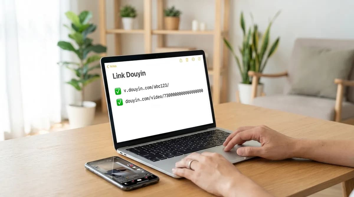 Hai dạng link Douyin trên màn hình laptop, link rút gọn v.douyin.com và địa chỉ douyin.com/video