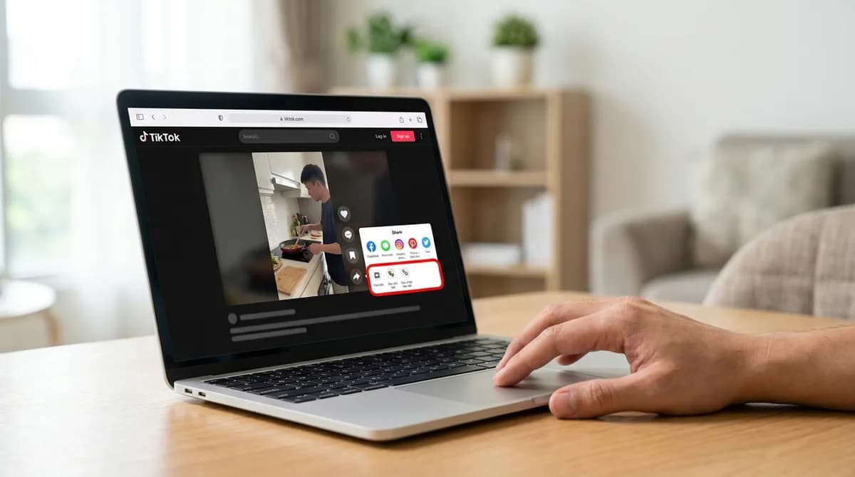 Video TikTok mở trên trình duyệt máy tính, nút Sao chép liên kết trong menu Chia sẻ được làm nổi bật