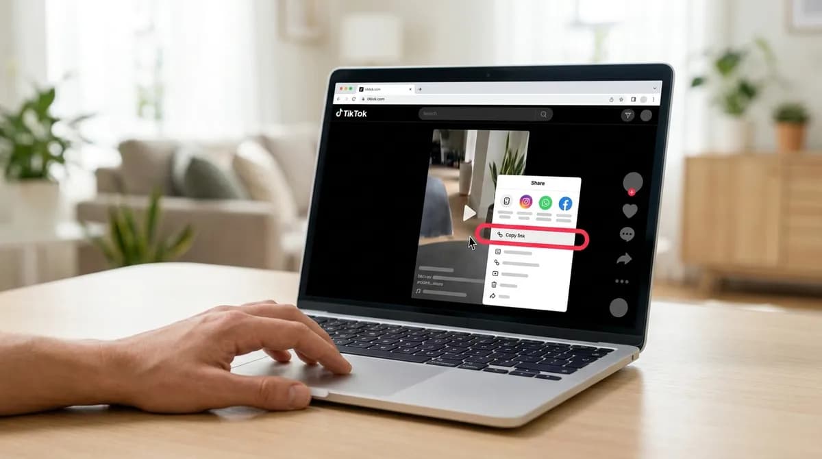 A TikTok video open in a desktop browser, with Copy link highlighted in the Share menu