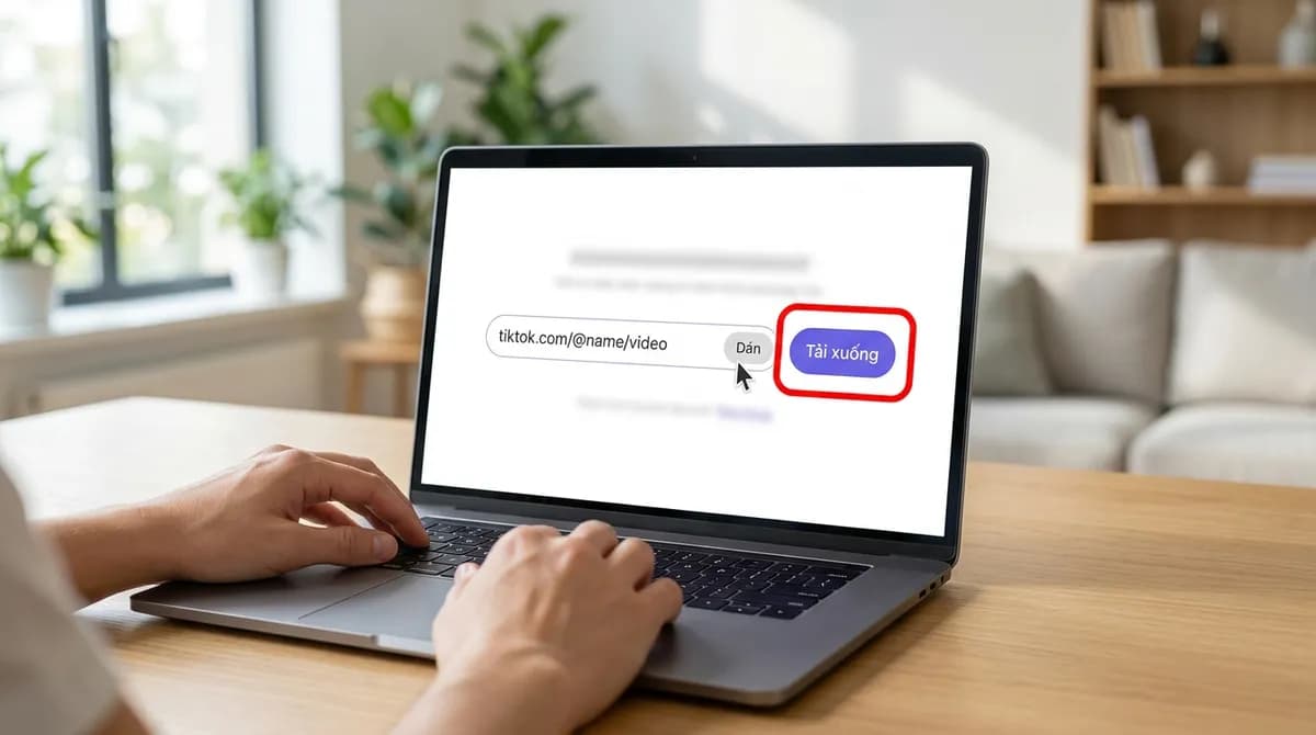 Link TikTok đã dán vào ô của SnapVidBox trên laptop, nút Tải xuống được làm nổi bật