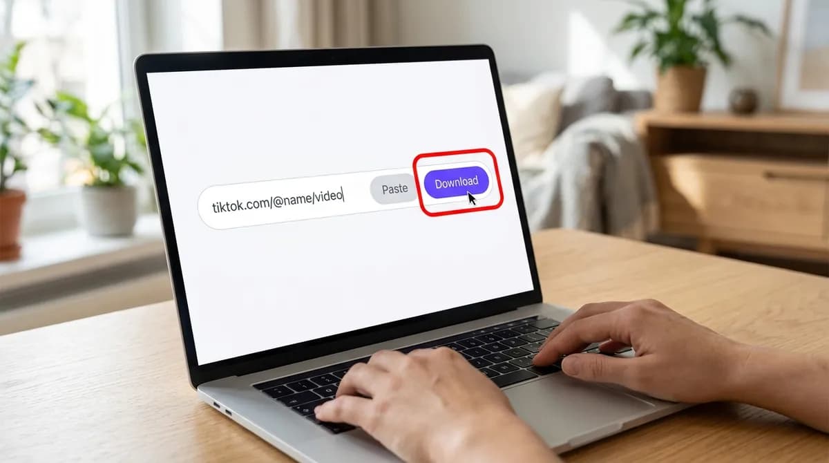 A TikTok link pasted into the SnapVidBox box on a laptop, with the Download button highlighted