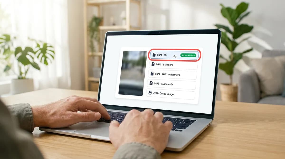 The list of TikTok files on a laptop screen, with MP4 · HD and its No watermark badge highlighted