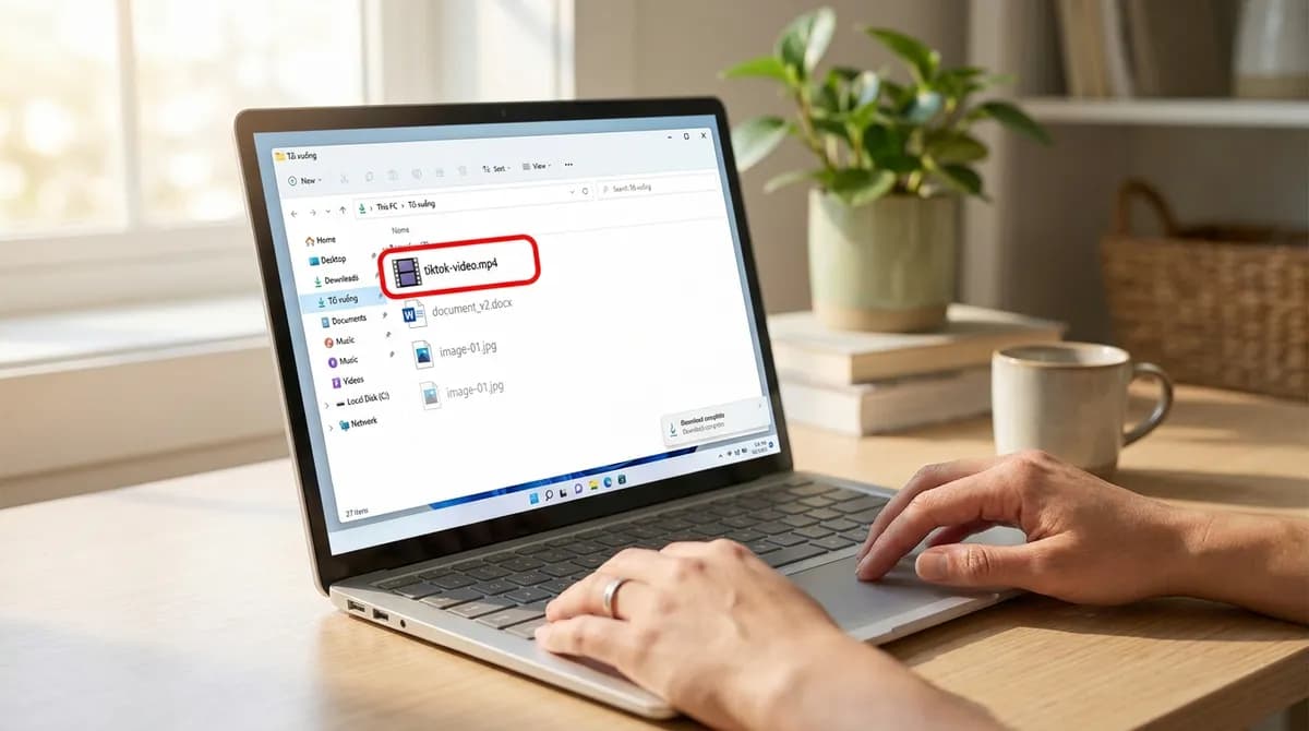 File Explorer trên laptop Windows, file MP4 TikTok vừa tải được làm nổi bật trong thư mục Downloads