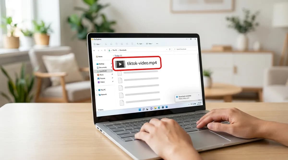 File Explorer on a Windows laptop with the downloaded TikTok MP4 highlighted in the Downloads folder