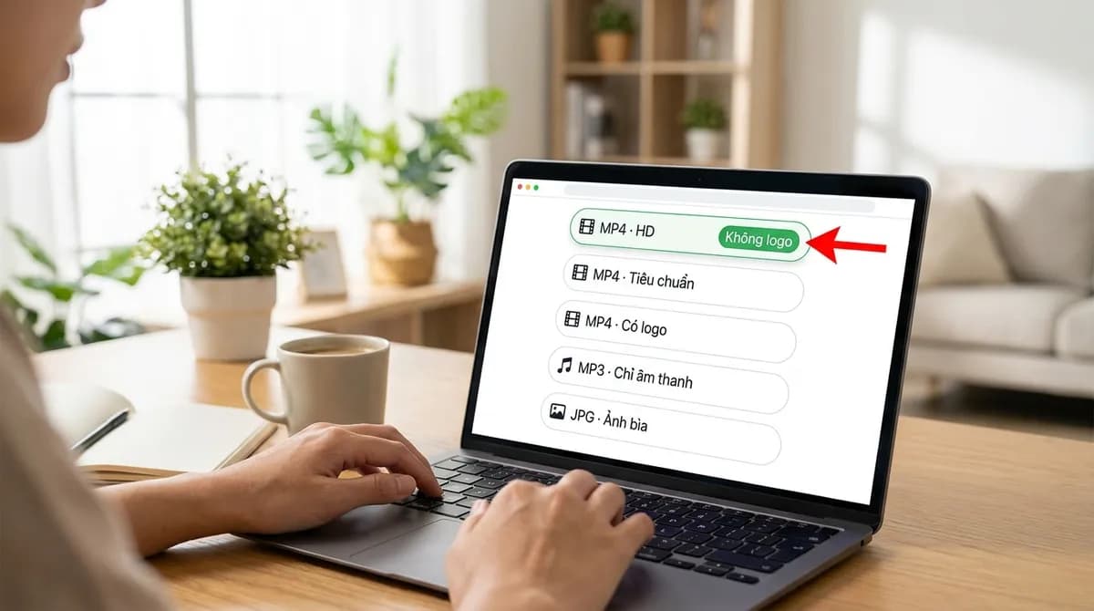 Laptop hiển thị năm lựa chọn tải video TikTok, từ MP4 · HD đến JPG · Ảnh bìa