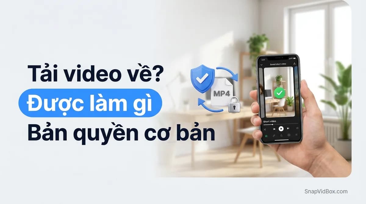 Bàn tay cầm điện thoại có video đã lưu, bên cạnh tấm khiên có dấu tích tượng trưng cho bản quyền và sử dụng cá nhân