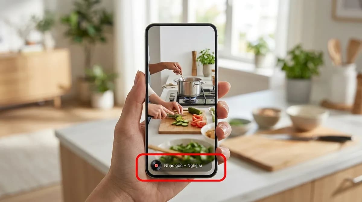 Video ngắn trên điện thoại với nhãn nhạc nền được đánh dấu, cho thấy bài hát trong video được cấp phép riêng