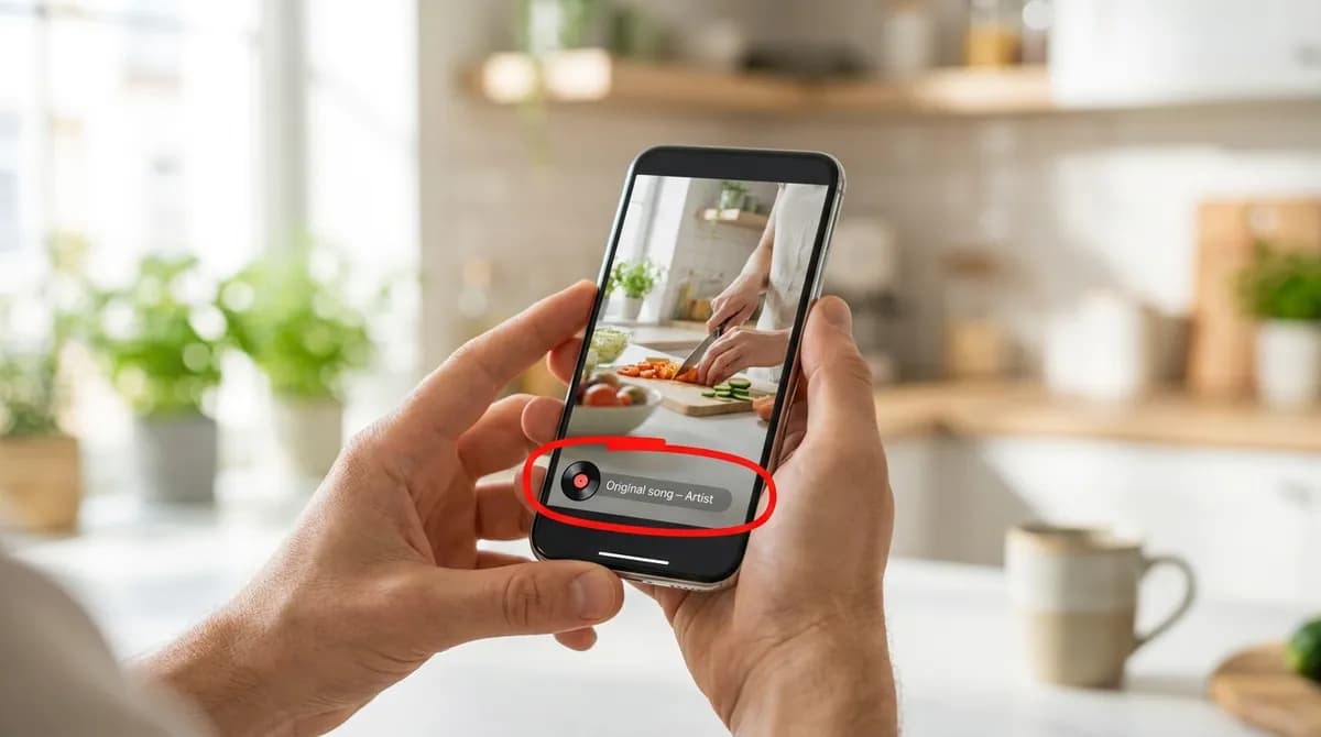 A short video on a phone with its music label highlighted, showing that the song in a clip is licensed separately