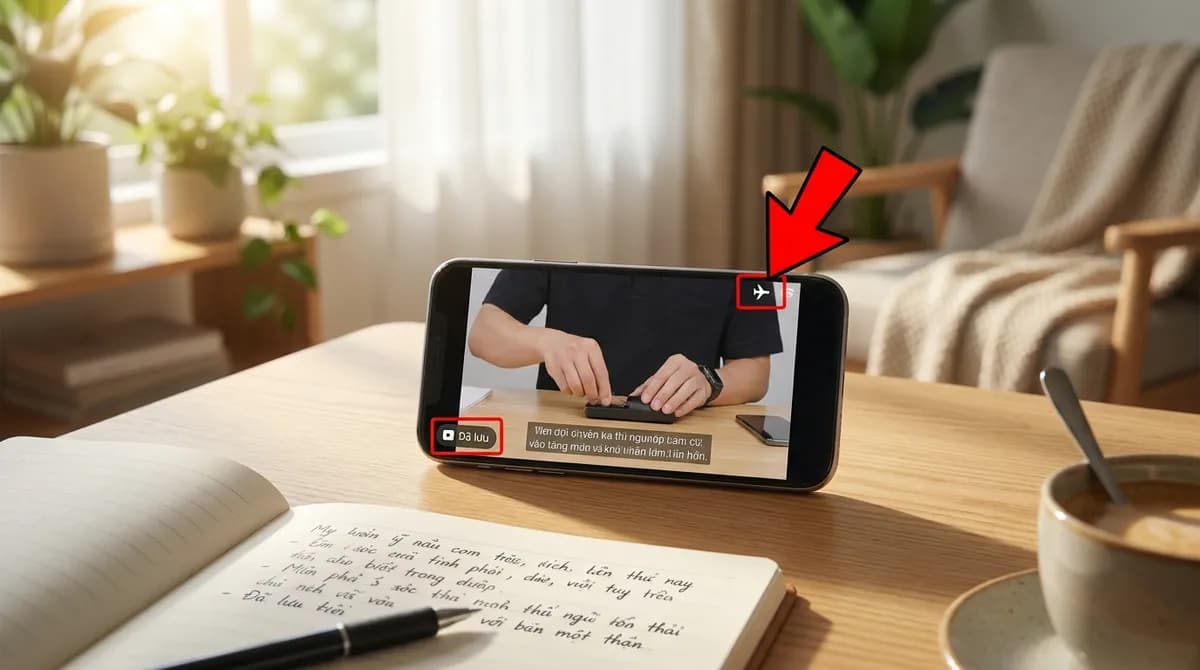 Điện thoại phát video đã lưu khi không có mạng, đặt trên bàn cạnh cuốn sổ đang mở, ví dụ về sử dụng cá nhân
