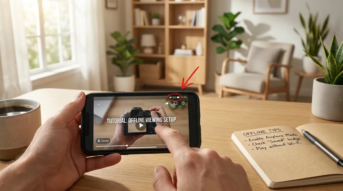 A phone playing a saved video offline on a desk beside an open notebook, an example of personal use