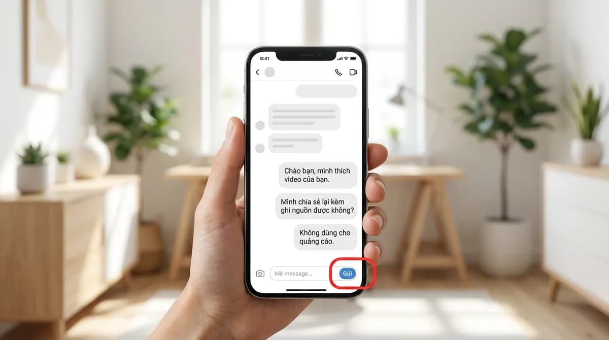Tin nhắn trên điện thoại xin phép người sáng tạo chia sẻ video kèm ghi nguồn, nút Gửi được đánh dấu