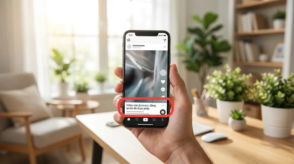 Video được chia sẻ trên điện thoại với dòng ghi nguồn tên người sáng tạo gốc và ghi chú đã được phép, được đánh dấu trong phần mô tả