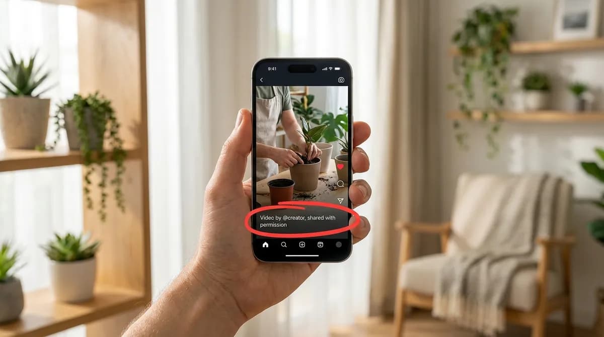 A shared video on a phone with a credit line naming the original creator and noting permission, highlighted in the caption