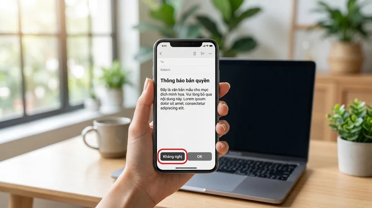 Email thông báo bản quyền mở trên điện thoại cạnh máy tính xách tay, nút kháng nghị được đánh dấu