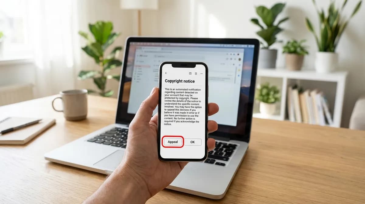 A copyright notice email open on a phone next to a laptop, with the appeal button highlighted