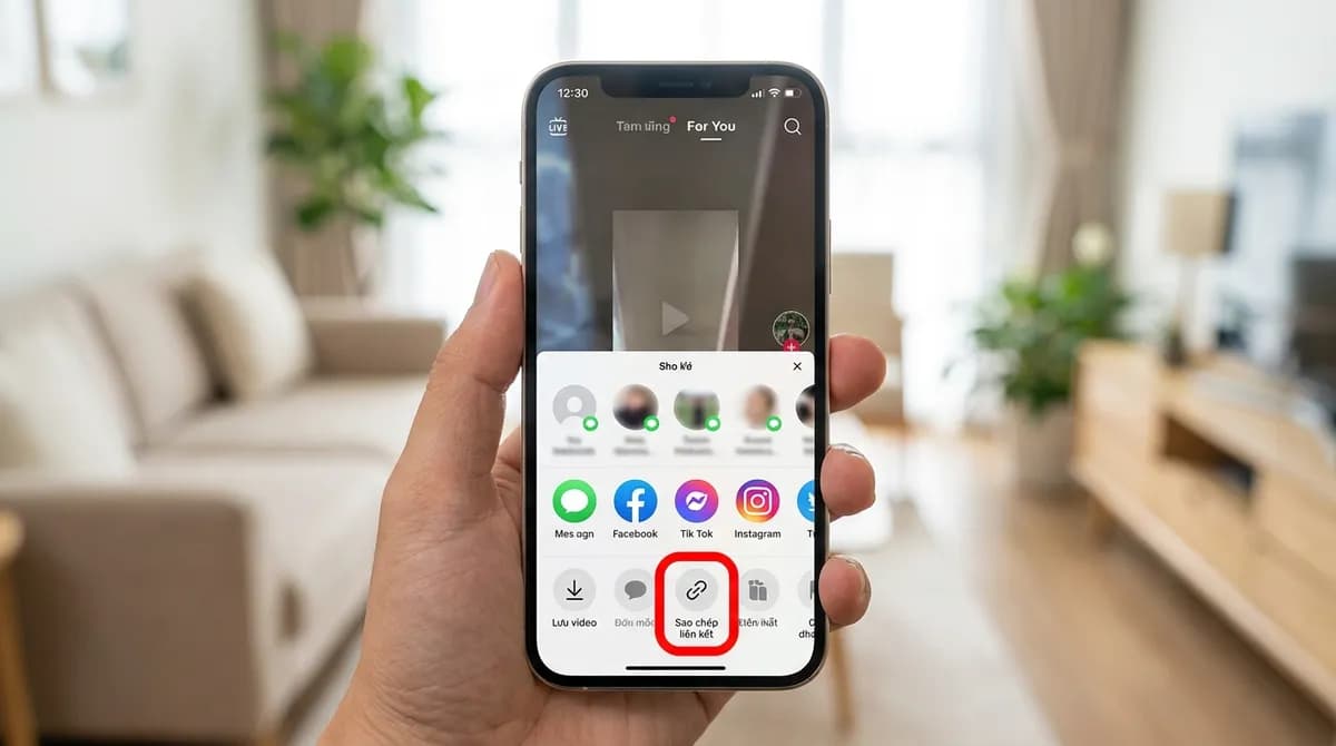 iPhone hiển thị bảng chia sẻ của TikTok, nút Sao chép liên kết được khoanh đỏ
