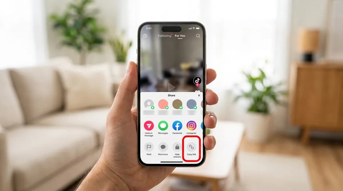 An iPhone showing the TikTok share panel with Copy link highlighted in red