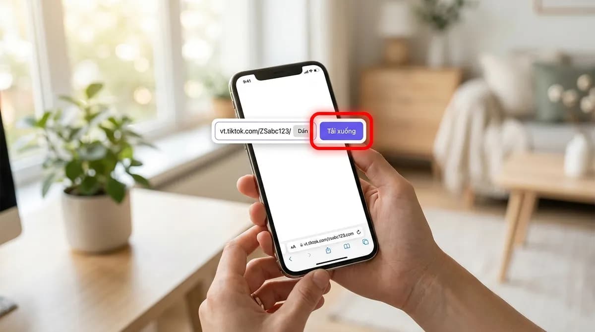 Safari trên iPhone với link TikTok đã dán vào ô của SnapVidBox, nút Tải xuống được làm nổi bật