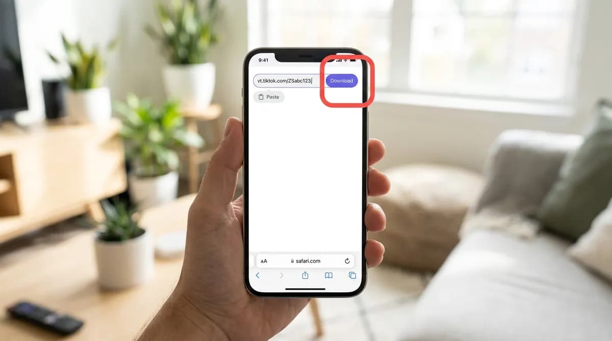 Safari on an iPhone with a TikTok link pasted into the SnapVidBox box and the Download button highlighted
