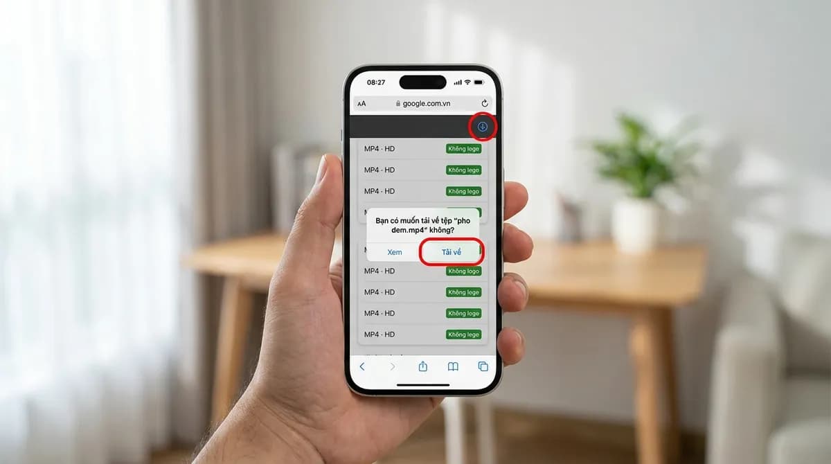 Safari trên iPhone hỏi có tải video TikTok về không, nút Tải về được làm nổi bật
