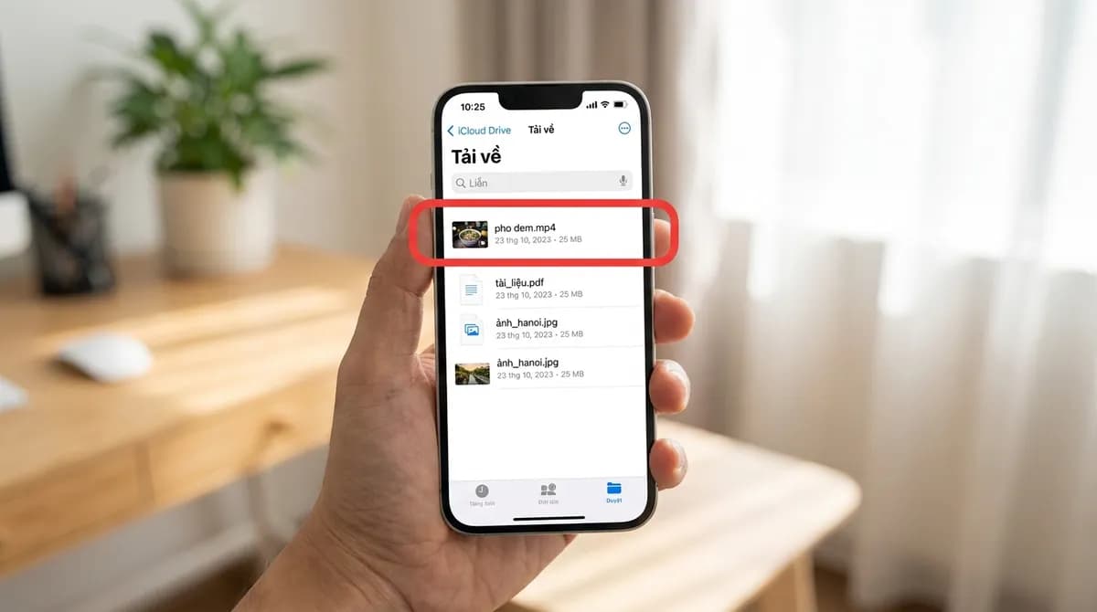Ứng dụng Tệp trên iPhone với video TikTok vừa tải nằm trong thư mục Tải về