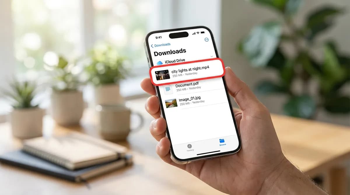 The Files app on an iPhone showing the downloaded TikTok video in the Downloads folder