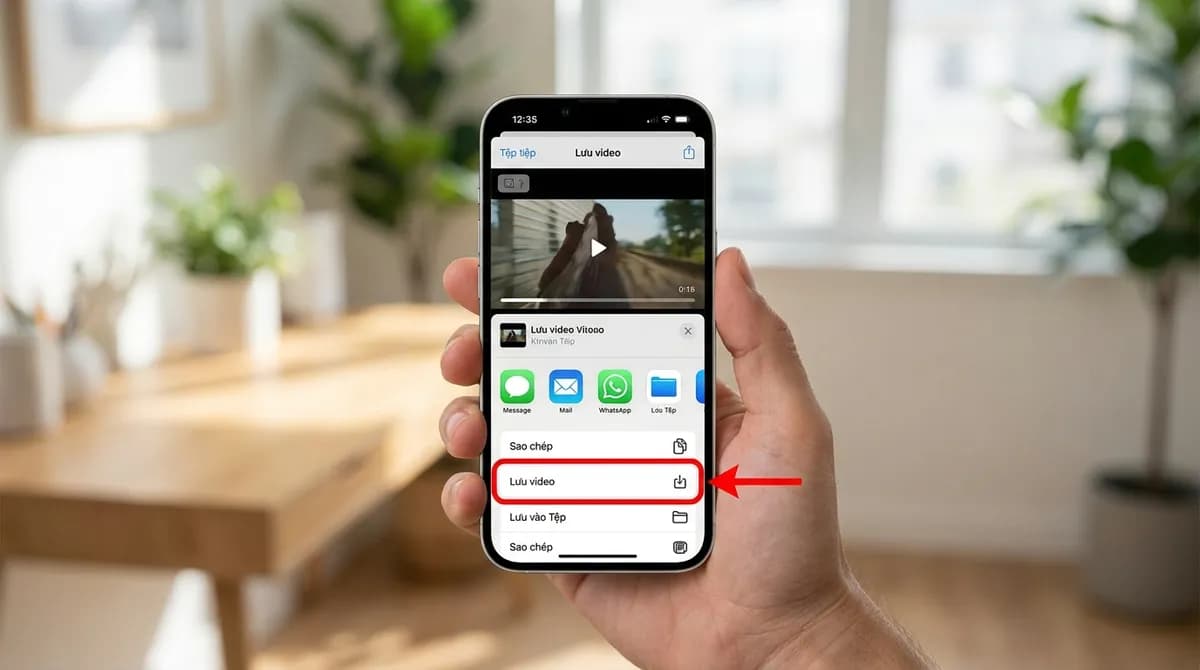 Bảng chia sẻ trong ứng dụng Tệp trên iPhone, nút Lưu video được khoanh đỏ để đưa video TikTok vào Ảnh