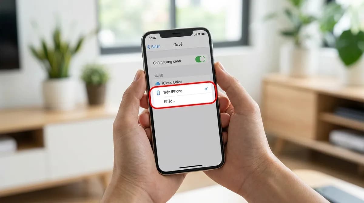 Cài đặt Safari trên iPhone hiển thị vị trí Tải về, mục Trên iPhone đang được chọn