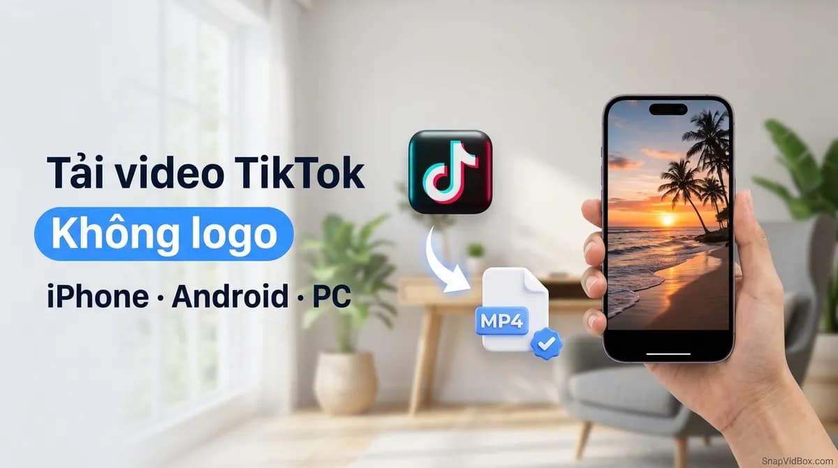 Bàn tay cầm iPhone đang phát video TikTok bên cạnh biểu tượng file MP4, minh hoạ cách tải video TikTok không logo