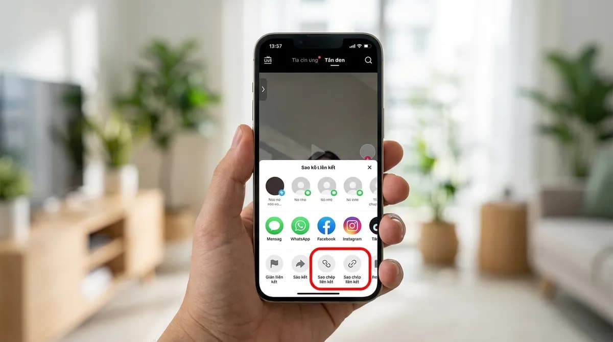 iPhone hiển thị bảng chia sẻ của TikTok, nút Sao chép liên kết được khoanh đỏ
